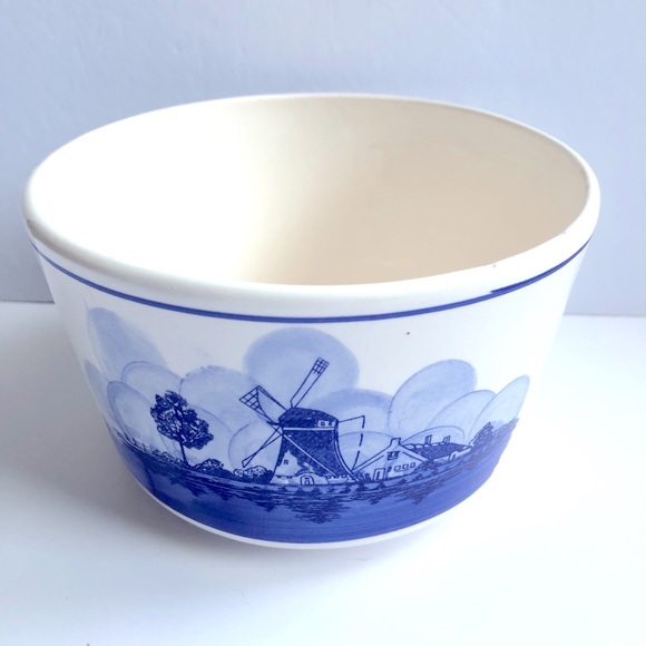 Vintage Windmill Sailboat Ceramic Bowl Planter Container Blue White 5 1/4” - Picture 2 of 15